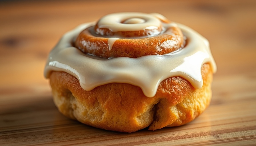 Freshly baked cinnamon roll with icing, warm and inviting.