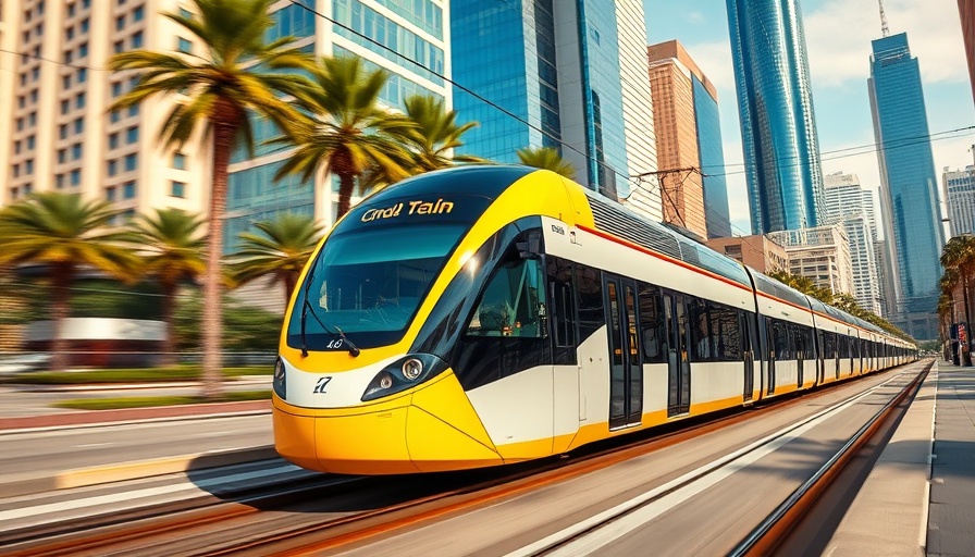 Brightline train speeding through urban landscape.