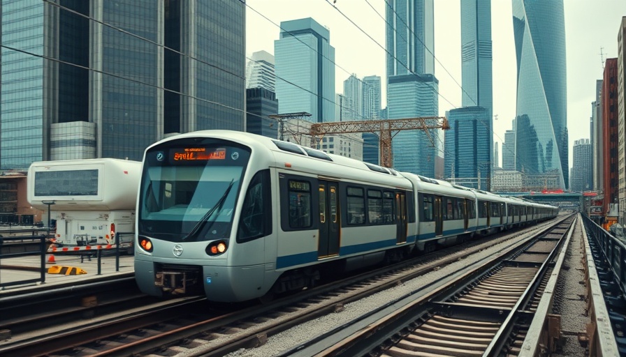 Modern Charlotte commuter train amidst tall buildings and cloudy sky.