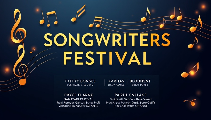 Elegant Songwriters Festival poster with musical notes on dark blue background.