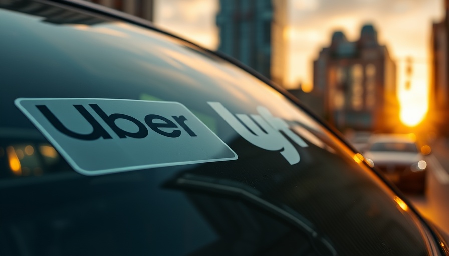 Car windshield with Uber and Lyft decals on city street, sunset reflection.