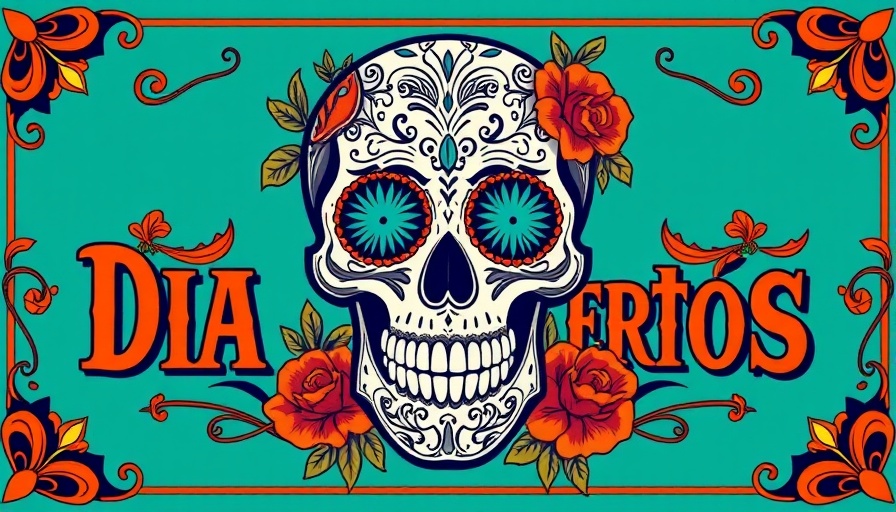 Día de los Muertos Market in Charlotte event poster with colorful skull design