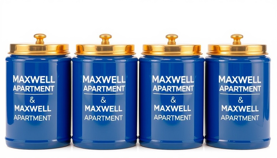 Maxwell Apartment coffee canisters rebrand with blue and gold design.