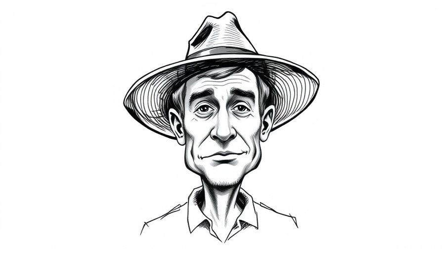 Caricature of a man with a hat in black and white, illustrating Charlotte journalism.
