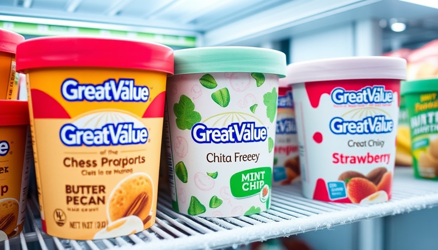 Walmart Great Value ice cream tubs neatly stacked in a freezer.