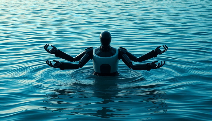 Futuristic robotic device with extending arms on rippling water.