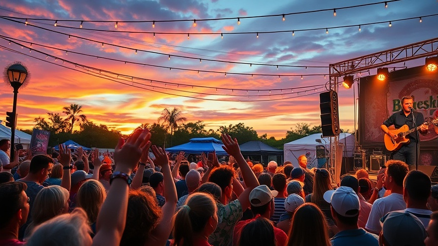 Vibrant Miami outdoor concerts with fans enjoying bluegrass music at sunset.