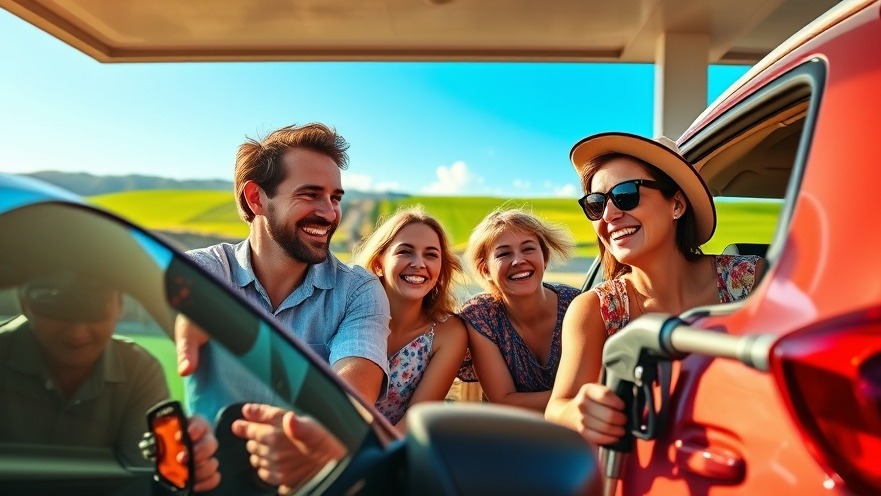 Family enjoying a summer road trip with Charlotte fuel savings at a scenic gas station.
