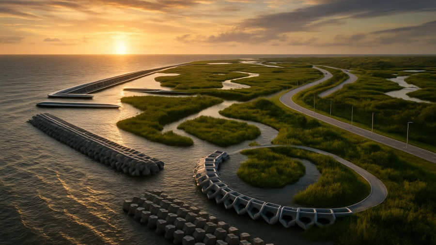 Aerial view of Louisiana's innovative coastal restoration with eco-engineered systems.