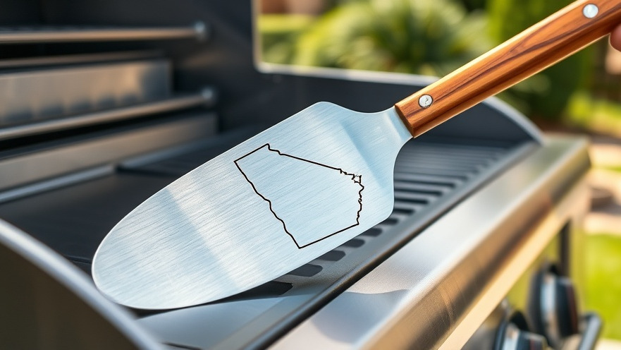 Stainless steel spatula engraved with Georgia on a grill, perfect for Atlanta summer events.