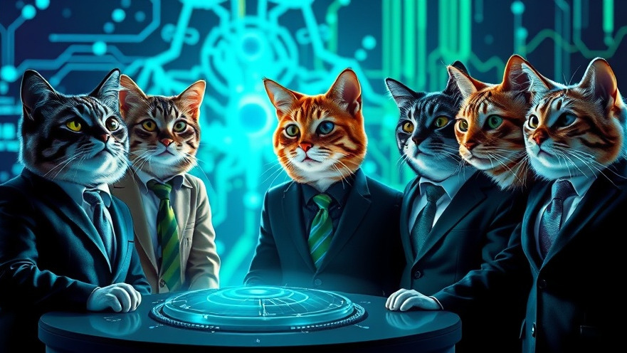 Professional cats in suits exploring AI technology, showcasing curiosity and excitement.