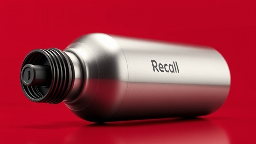 Sleek silver stainless steel water bottle recalling Walmart water bottle safety against bold red background.