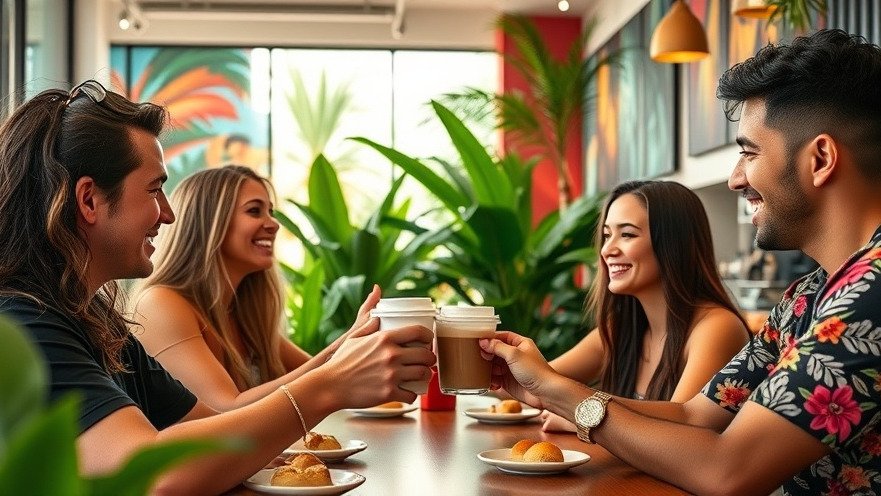 Friends enjoying coffee at a vibrant Miami café, embracing the local coffee culture.