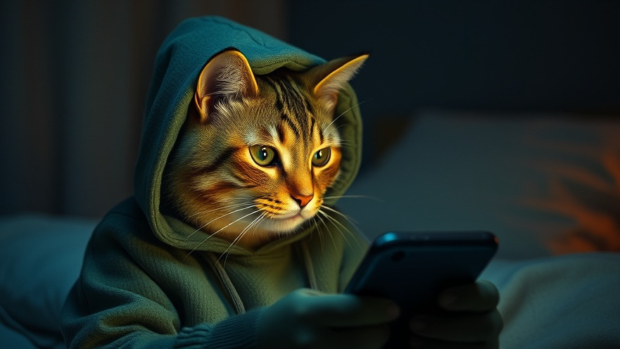 Green cat in sweatshirt focuses on smartphone, embodying digital security AI themes.