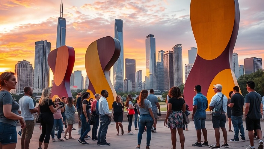 Diverse individuals engage with colorful sculptures in Houston, showcasing arts and culture.