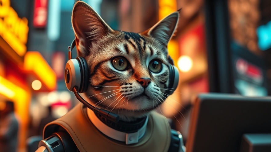 Robo-cat telemarketer using artificial intelligence in campaigns, vibrant urban setting.