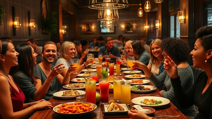 Friends enjoying diverse dishes at cozy Atlanta barbecue spots with warm lighting.