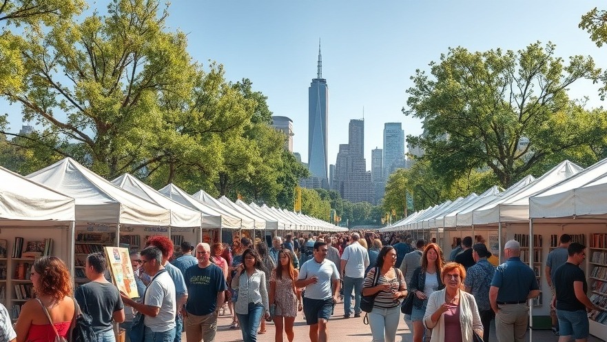Lively Nashville literary events at a vibrant outdoor book festival with tents, people, and skyline.
