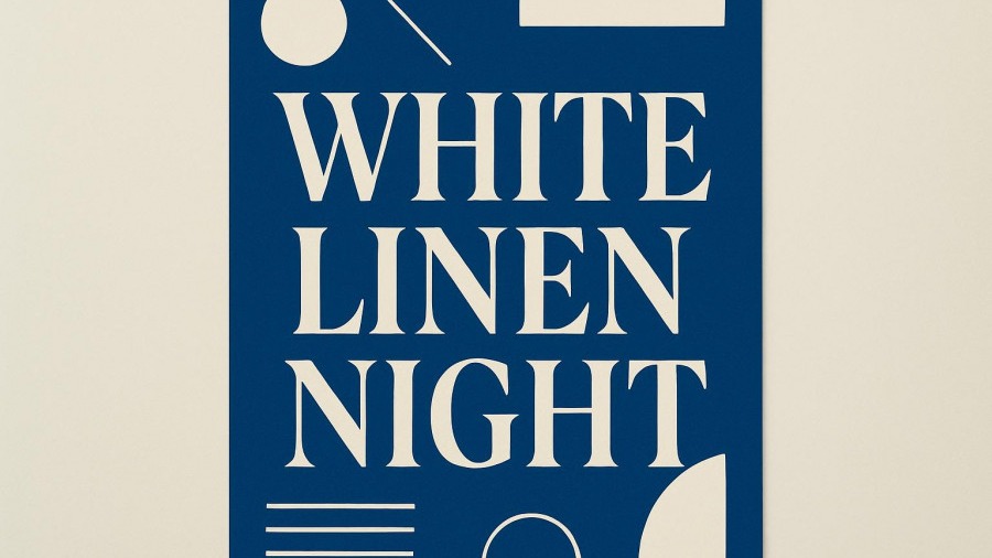 Elegant 'White Linen Night' poster showcasing Crescent City cuisine in bold typography.