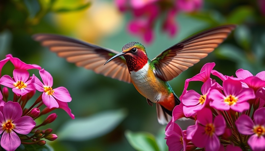 Hummingbird feeding on pink flowers, plants to attract hummingbirds.