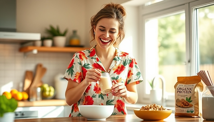 Woman crafting a morning routine with healthy breakfast ingredients.