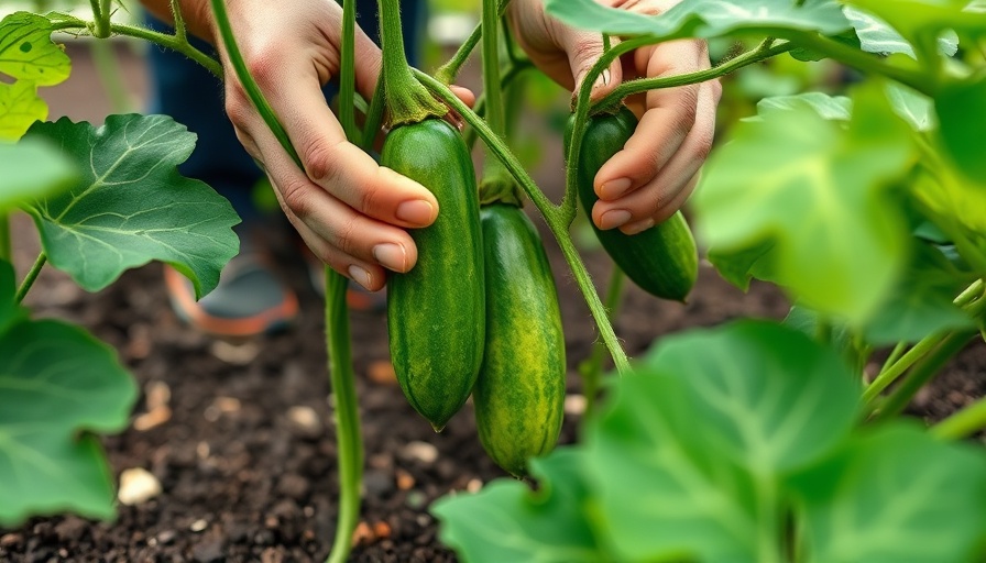 Close-up of cucumber plant being tended in a greenhouse.