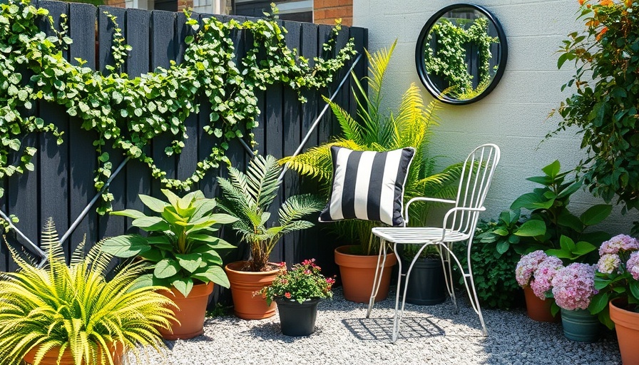 Charming small garden idea with a white chair, lush greenery, and decorative fence.