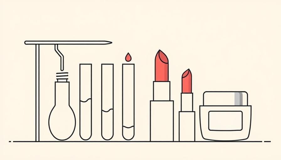 Minimalist graphic of beauty science with test tubes and cosmetics.