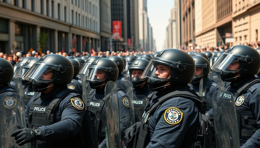 Police officers in riot gear outside police headquarters in Texas.