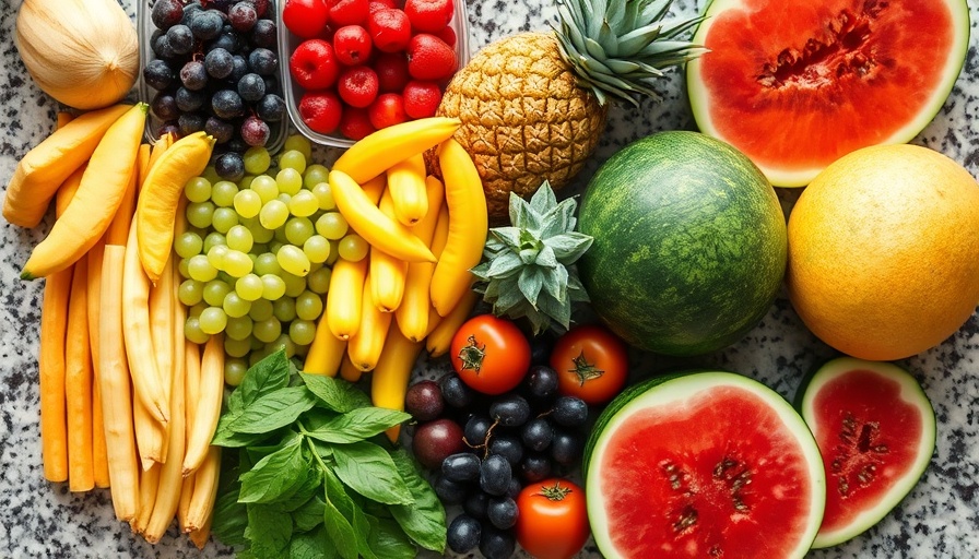 Colorful meal prep for kids with fresh fruits and vegetables on countertop.