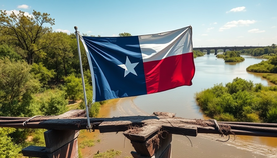 Texas GOP flood relief effort on damaged bridge with flag.