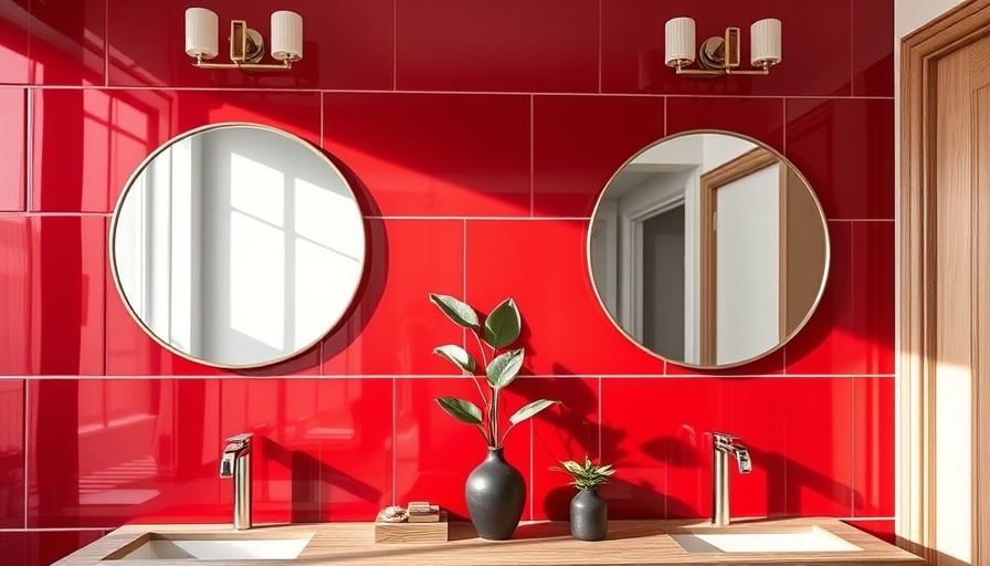 Bathroom with glossy red tile wall showcasing tile drenching trend.