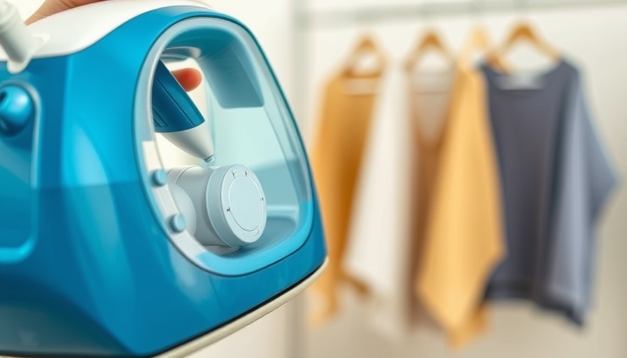 Close-up of blue steam iron in bright room; Never Leave Water in Your Steam Iron.