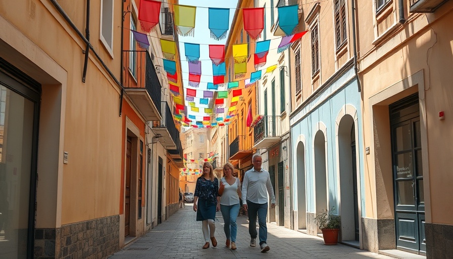 Family exploring a European alley with colorful flags overhead.