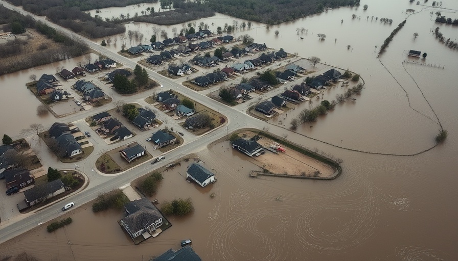 Aerial view of flooded area with levee breach during a hurricane