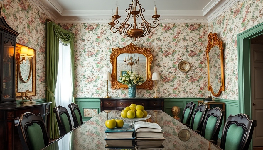 Elegant 1990s interior design with floral wallpaper, mirror, and decor.