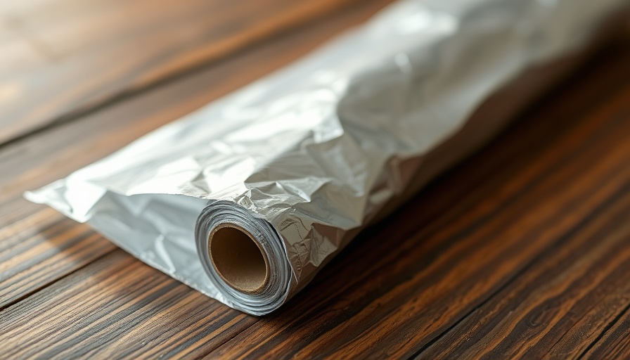 Close-up view of aluminum foil roll on wooden surface, highlighting texture.
