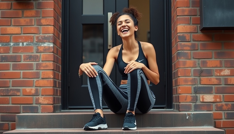 Joyful woman in athletic wear sitting on urban doorstep