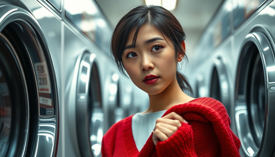 Woman examining shrunken red sweater in laundromat.