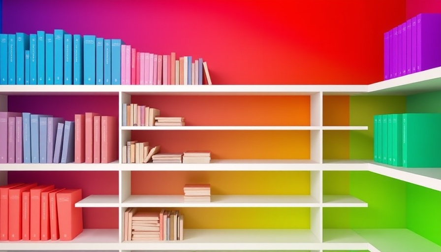 Bookshelves organized by color gradients in red, blue, green hues.