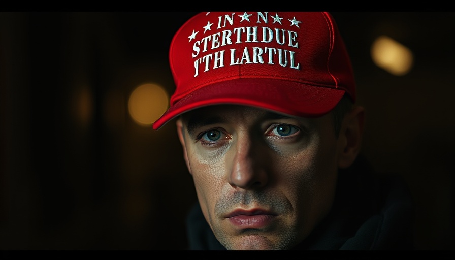 Person in red cap with slogan in shadowy setting.