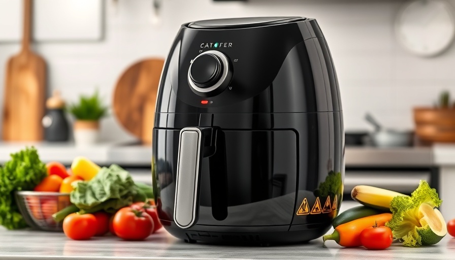 Air fryer on kitchen counter with caution signs, emphasizing hidden dangers.