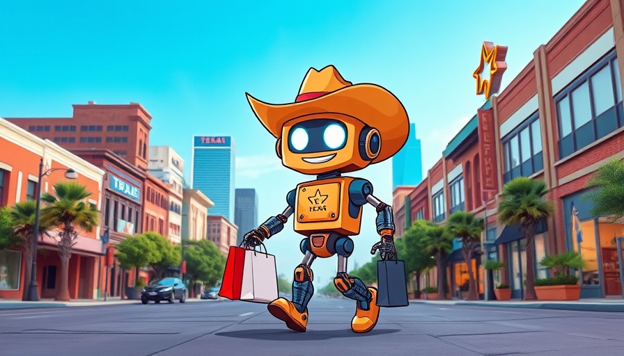 Quirky cartoon of a robot in cowboy hat representing Texas technology and culture.