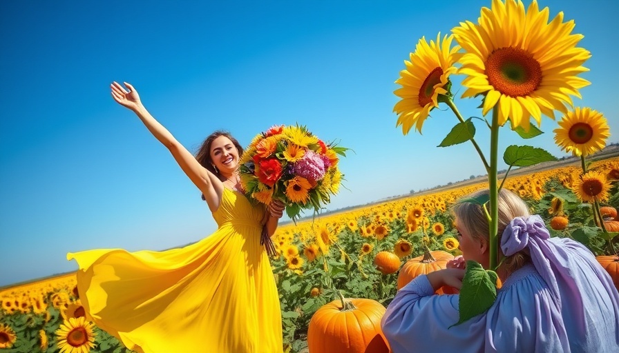 Joyful Texas fall festival scenes with sunflowers and pumpkins.
