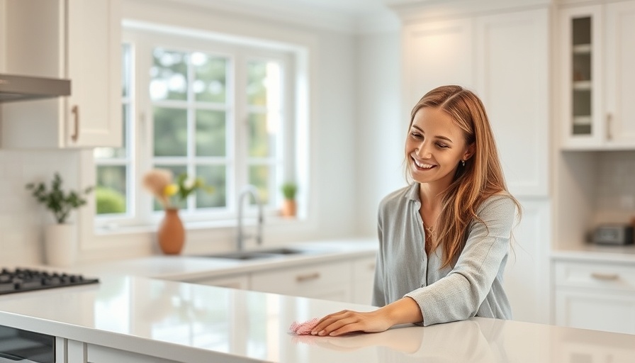 Smiling woman cleaning kitchen counter, how to detox your home.