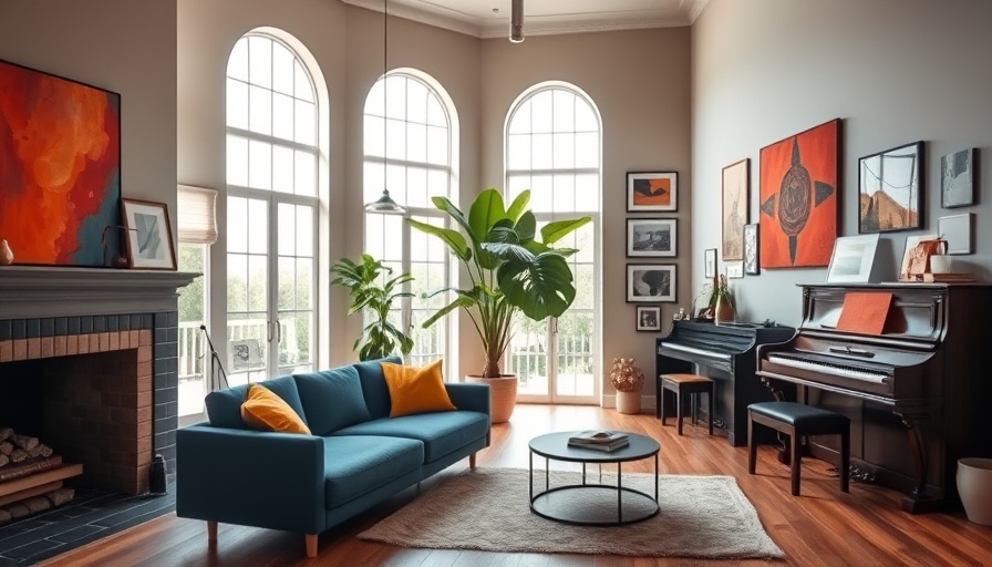 Chic living room with Zellige tiles, blue sofa, and red artwork.