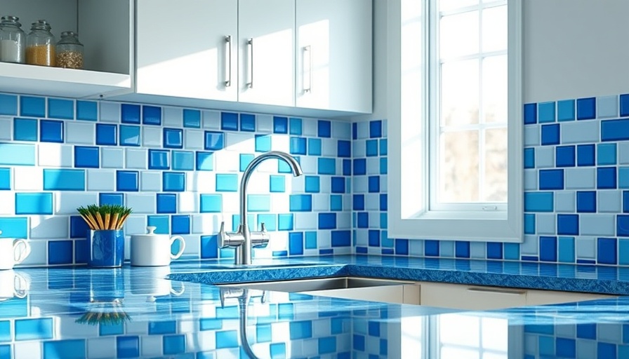 Blue and white tiled countertops trend in modern kitchen.