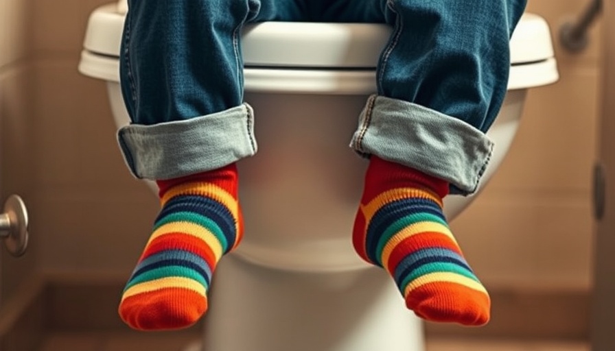 Child on toilet during potty training, colorful socks, bathroom