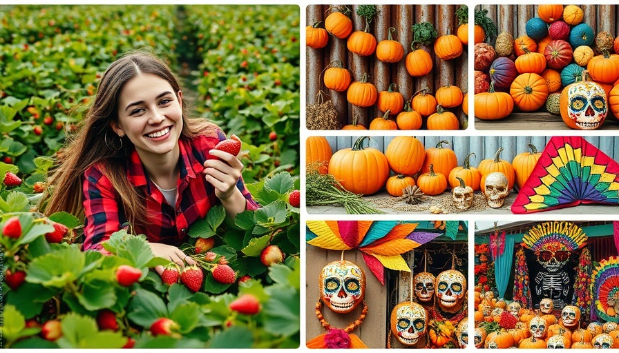 Autumn activities in Texas including strawberry picking, pumpkin display, Dia de los Muertos celebration.