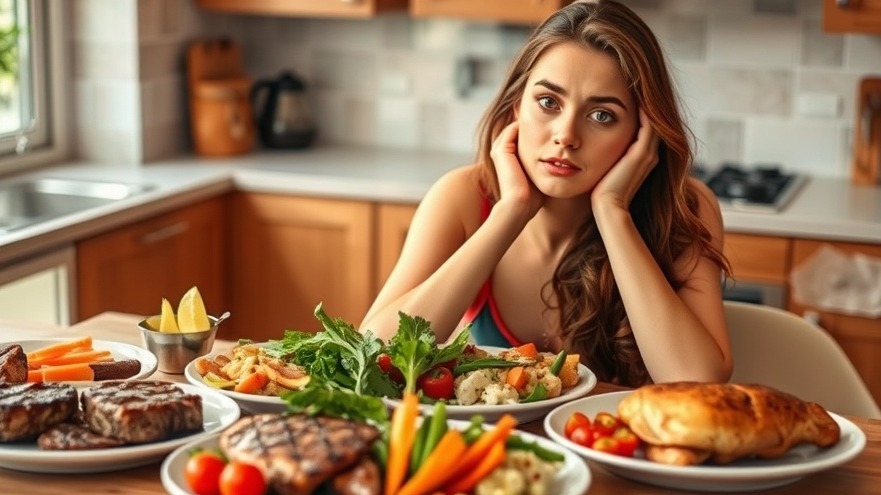 A puzzled young woman at a kitchen table choosing meals with steak, fish, and vegetables.